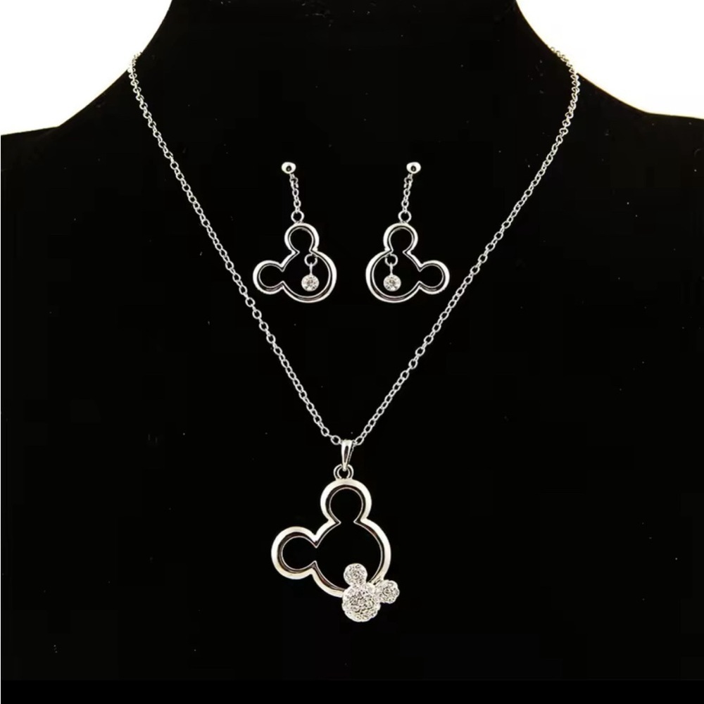 Sterling Silver Plated Mickey Mouse Head Silhouette Necklace & Earrings Set